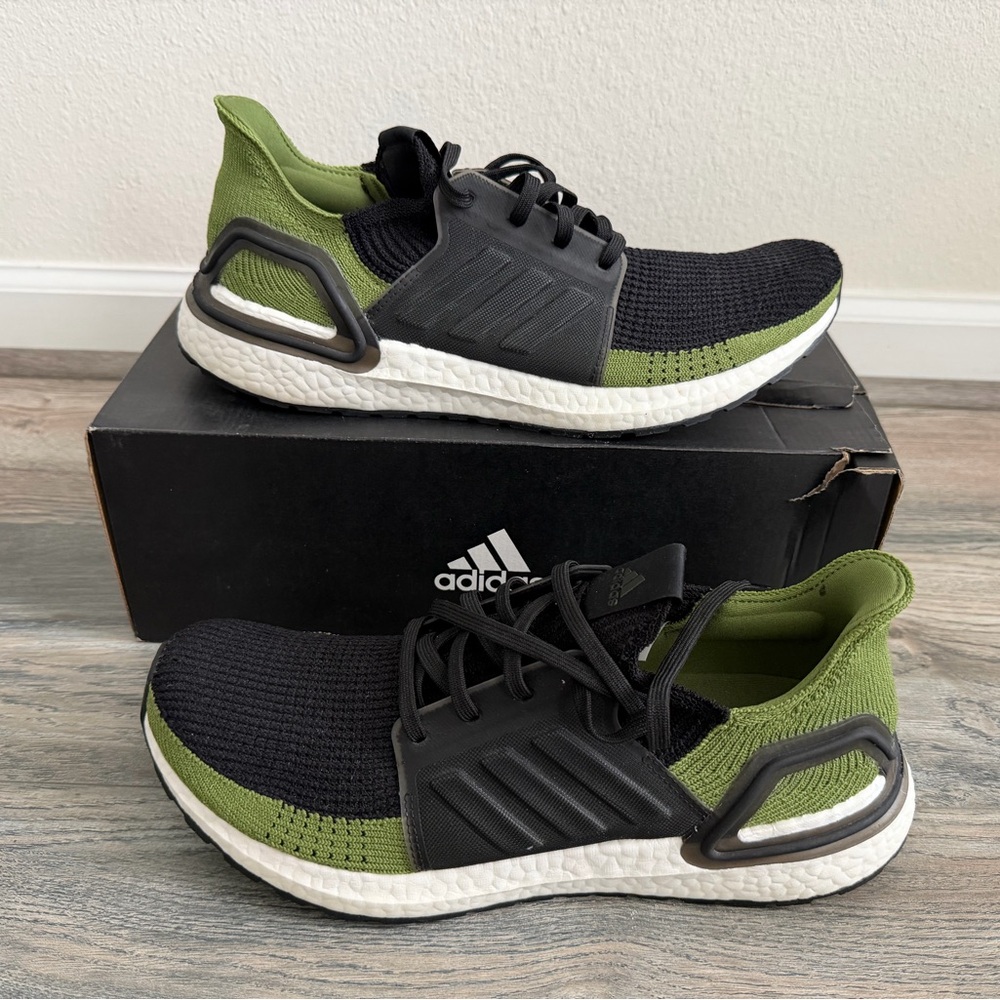 Adidas UltraBoost 19 running shoe in the 'Core Black/Core Black/Tech Olive  11.5
